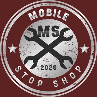 Mobile SMS Stop Shop logo with crossed wrenches and white stars on a maroon background